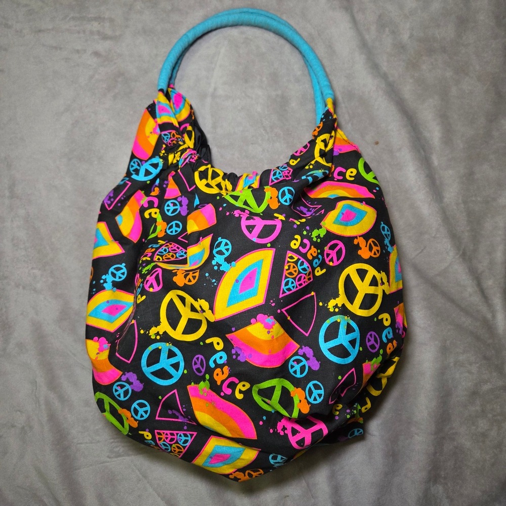 Peace Sign Hobo Bag Black Neon Rainbow Hippie Y2K Cotton Shoulder Purse Retro